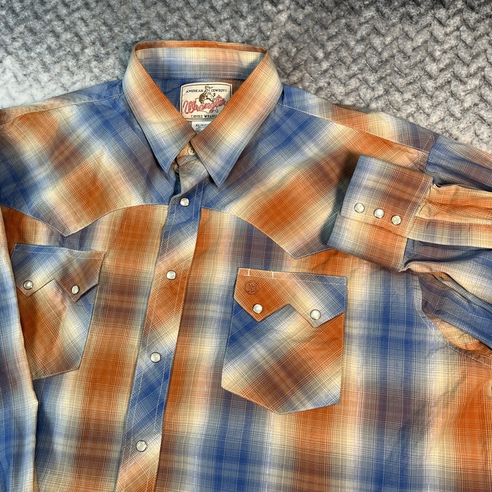 Wrangler Blue and Orange Plaid Western Pearl Snap Shirt